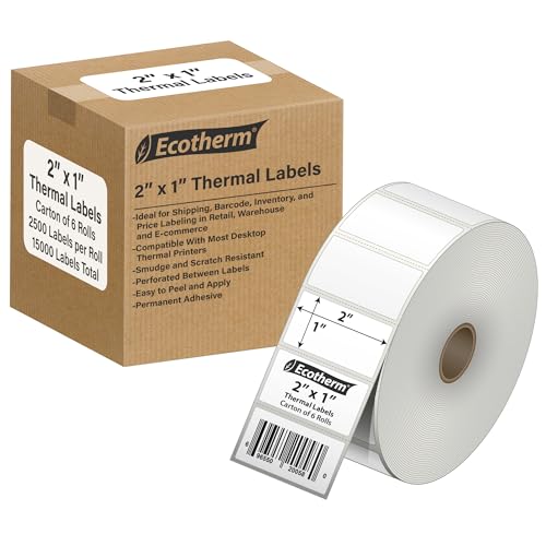 2"x1" Thermal Labels for Rollo, Munbyn, Zebra, Godex, Arkscan, iDPRT, Offnova Label Printers and More - White Paper Stickers - Small Multipurpose Labels | 15000 Labels | 6 Rolls | by Ecotherm - size: 2 x 1 White - 15000 Labels