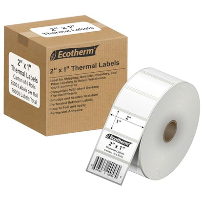 2"x1" Thermal Labels for Rollo, Munbyn, Zebra, Godex, Arkscan, iDPRT, Offnova Label Printers and More - White Paper Stickers - Small Multipurpose Labels | 15000 Labels | 6 Rolls | by Ecotherm - size: 2 x 1 White - 15000 Labels