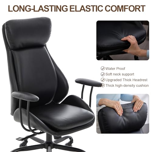 Leather Executive Office Chair, Computer Desk Chair, Black | Ergonomic, Rubber Wheels, Lumbar Support, 360° Swivel, High Back, Adjustable Height, for Modern Home Office - color: Jet Black