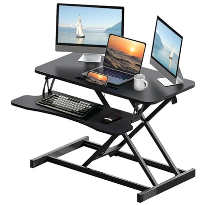 32 Inch Desk Converter, Height Adjustable Sit to Stand Riser, Dual Monitor and Laptop Workstation with Wide Keyboard Tray, Standing Computer Desk (Black) - color: Black