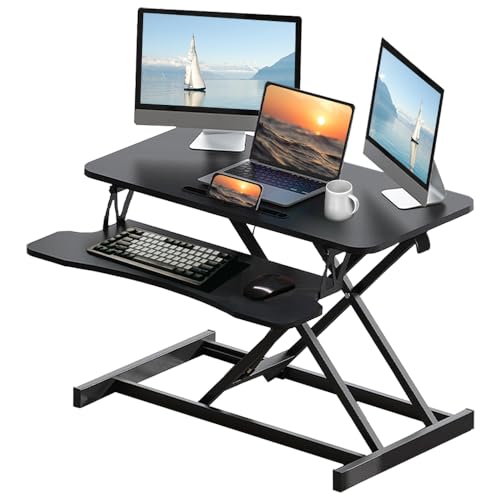 32 Inch Height Adjustable Standing Desk Converter, Dual Monitor and Laptop Riser Workstation with Wide Keyboard Tray, Sit to Stand Desk for Office Home (Black+32 Inch) - color: Black+32 Inch