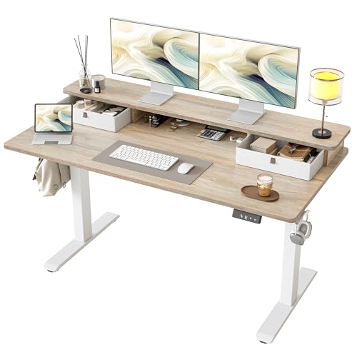 TIQLAB Standing Desk with Two Drawers, Stand Up Standing Desk Adjustable Height, Electric Sit Stand Table with Storage Shelf and Splice Board, 55 * 24 inch, Maple - color: Maple, size: 55*24 inch without keyboard tray