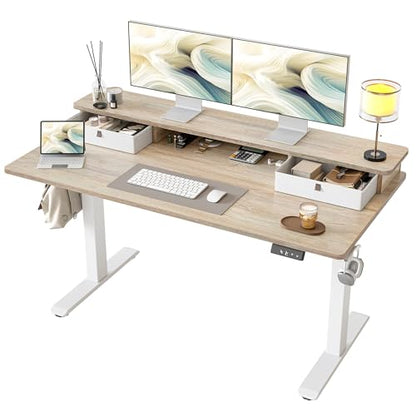 TIQLAB Standing Desk with Two Drawers, Stand Up Standing Desk Adjustable Height, Electric Sit Stand Table with Storage Shelf and Splice Board, 55 * 24 inch, Maple - color: Maple, size: 55*24 inch without keyboard tray