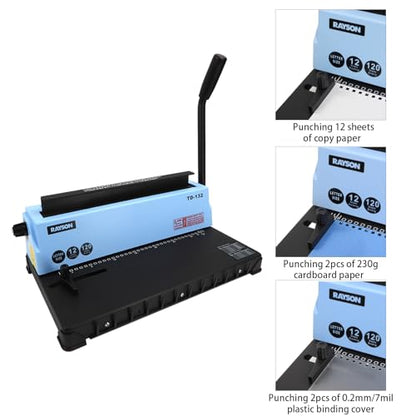Rayson 3:1 Pitch Wire Binding Machine Bundle, 32-Hole Letter Size Binder, Punches 12 Sheets, Binds up to 120 Sheets, with 100 Black 1/2" 32-Loop Wire Binding Spines