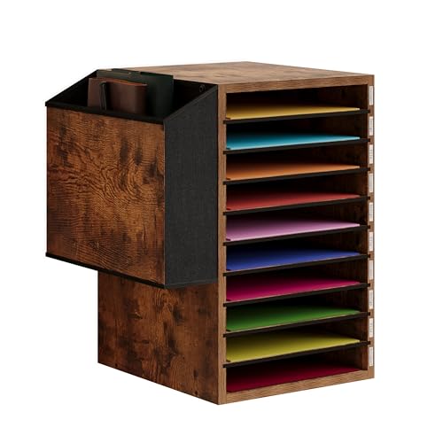 Unionly 10Tier Adjustable Mail Sorter,Wood Paper Organizer for Class,Office | Office Mailbox with name slot,Literature Organizer with side pocket,Wooden File Storage Organizer for school,classroom,office - color: Rustic Brown, size: Standard 10 Slots