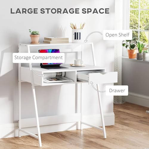 HOMCOM Home Office Desk with A Frame for Small Spaces, White | Computer Desk, Writing Table, with Drawer, Storage Shelves - color: White
