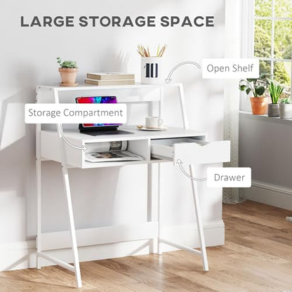 HOMCOM Home Office Desk with A Frame for Small Spaces, White | Computer Desk, Writing Table, with Drawer, Storage Shelves - color: White