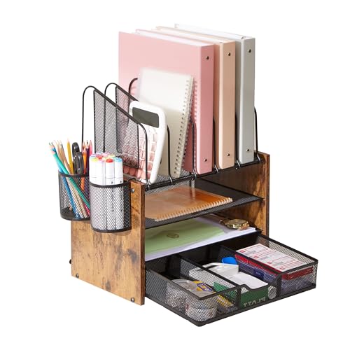 4-Tier Desk Organizer with Drawer, Wooden Mesh File Organizer with 5 Vertical Sorters & 2 Pen Holders, Multi-Functional Desktop Organizer for Home, Office & School