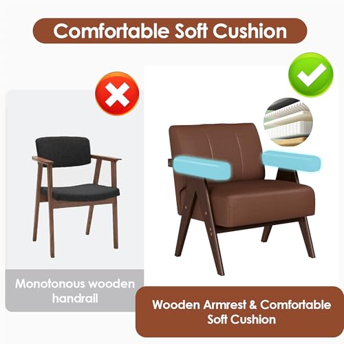 JIASTING Mid Century Modern Accent Chair Set of 2, Brown Leather Armchair | JIASTING, Small, Comfy, Wood Arms, Living Room Bedroom, Office - color: Brown
