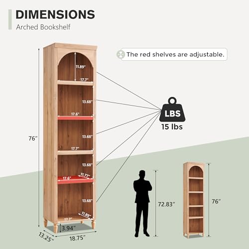 IFGET 76" Tall Arched Bookcase, Farmhouse Narrow Arch Bookshelf, Natural | 5 Tiers Bookcases w/Adjustable Shelves, Modern Wooden Book Shelf w/Storage and Open Display Shelves for Living Room, Office - color: Natural, size: Medium