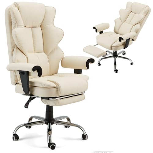 Heated Recliner Office Chair with Massager, Footrest, Height Adjustable Arm | 155° Reclining Big and Tall Executive Chair, 6-Point Vibration, PU Leather Ergonomic Computer Desk Chair for Home Office - color: Beige