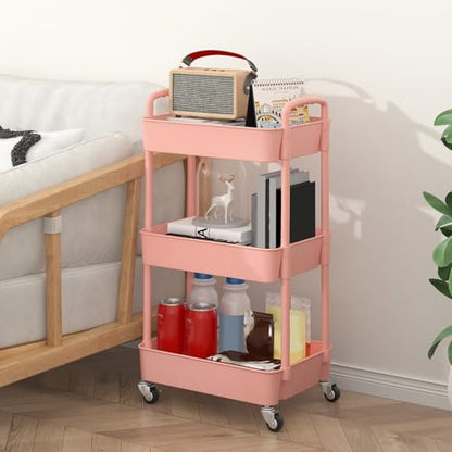 Sywhitta 3-Tier Plastic Rolling Utility Cart with Handle, Multi-Functional Storage Trolley for Office, Living Room, Kitchen, Movable Storage Organizer with Wheels, Pink | Multi-Functional Storage Trolley, for Office, Living Room, Kitchen, Bathroom,Movable