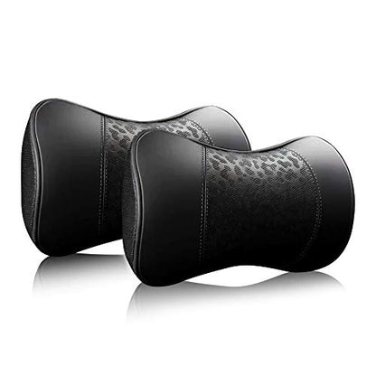 HAOTULE Car Leather Neck Pillows, Neck Rest Cushions,100% Memory Foam Cervical Support, Comfortable Travel car Seats and Home Office Soft Pillows, Black a Set (2 pcs) - color: Black