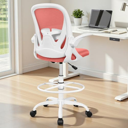 Drafting Chair Tall Office Chair with Flip-up Armrests Executive Ergonomic Computer Standing Desk Chair with Lumbar Support and Adjustable Footrest Ring (Grapefruit Pink - color: Grapefruit Pink, size: 934-Z