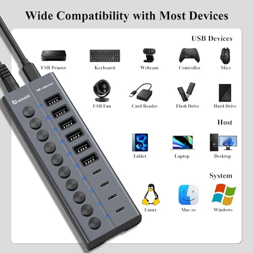 Powered USB Hub, 10-Port USB C Hub with 6 USB-A 3.2, 4 USB-C 3.2 Ports - color: Gery