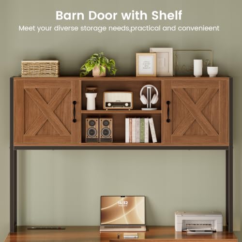 SEDETA Reversible Farmhouse L Shaped Office Desk with Drawer, Hutch - color: Brown