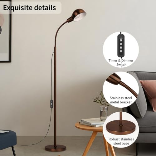 Ruiever Brown Floor Lamp with Flexible Gooseneck and Rotatable Shade，Standing Lamp Include Dimmer LED Bulb，Ideal Tall Lamp with Dimmer and Timer Switch for Reading,Bedside and Living Room (Brown) - color: Brown