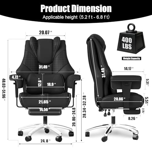 400lbs Big and Tall Office Chair, Wide Ergonomic Leather Executive Chair for Heavy People with Foot Rest, High-Back Reclining Computer Chair with Swivel Wheels and Lumbar Support (Black)