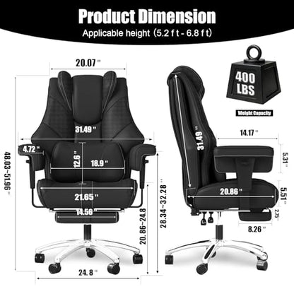 400lbs Big and Tall Office Chair, Wide Ergonomic Leather Executive Chair for Heavy People with Foot Rest, High-Back Reclining Computer Chair with Swivel Wheels and Lumbar Support (Black)