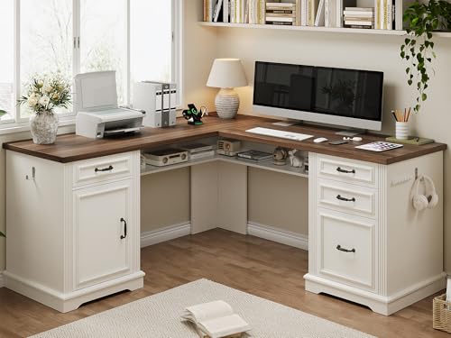 Farmhouse L Shaped Executive Desk with 4 Drawers and Charging Station, Wood Corner Home Office Computer Desk with File Cabinet Storage, Hidden Under Desk Storage Shelf, Headphone Hook - Brown+White - color: Brown-white