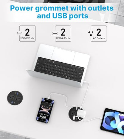 CCCEI 3.15 inch Power Grommet with USB Ports, Office Desk Hole Round Recessed Outlets, Flush Mount, Furniture Hidden High Amp Plug Station, Black, 10FT Extension Cord. - size: 10FT