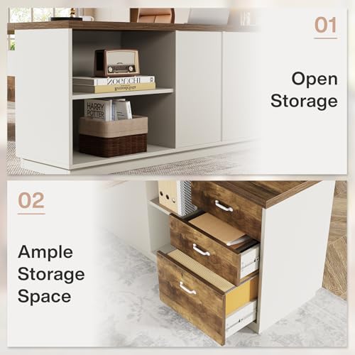 Tribesigns 78" L-Shaped Executive Desk, Large Modern Office Desk with Drawers and Lateral File Cabinet, Business Furniture with Storage Shelves, Big Computer Desk for Home Office (Brown + White) - color: Brown + White