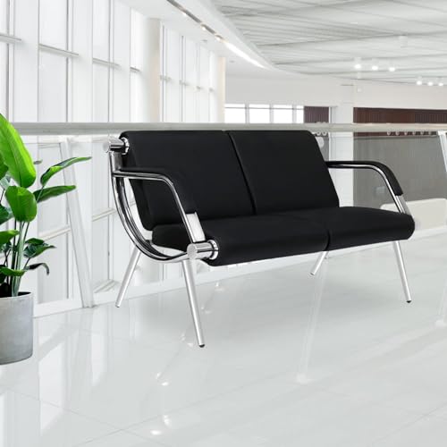 Kinsuite 2-Seat Office Reception Waiting Room Chairs - Guest & Reception Chairs for Salon Barber Bench Airport Bank Hall Visitor Guest Black PU Leather 2 Seat Sofa - size: 2-seat