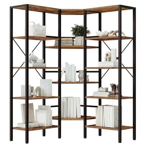 HOOBRO Industrial Corner Bookshelf, 5-Tier L-Shaped Bookcase, Open Display Storage Rack, Floor Standing Storage Shelf, for Living Room, Bedroom, Home Office, Rustic Brown and Black BF68SJ01