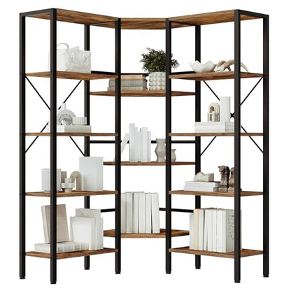HOOBRO Industrial Corner Bookshelf, 5-Tier L-Shaped Bookcase, Open Display Storage Rack, Floor Standing Storage Shelf, for Living Room, Bedroom, Home Office, Rustic Brown and Black BF68SJ01