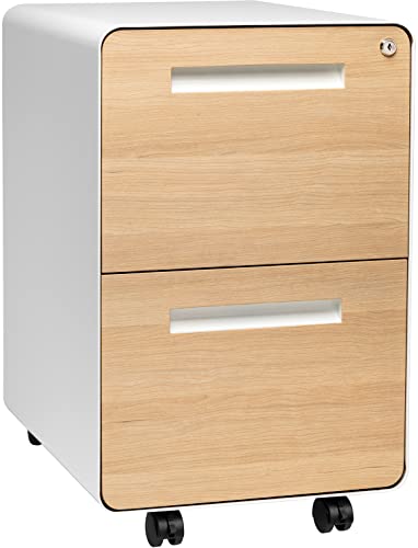Laura Davidson Furniture Stockpile 2 Drawer Mobile File Cabinet with Lock - Under Desk Metal Filing Cabinet, Legal/Letter File Folders, Wheels and Stationary Feet, Pre-Assembled, White/Wood - color: White/Wood