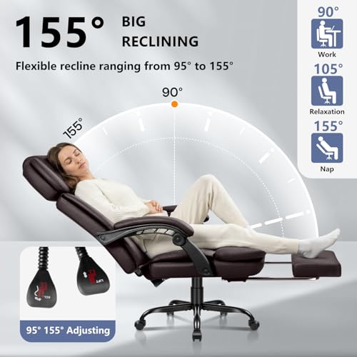 Office Desk Chair with Foot-Rest 400lbs, Heavy Duty Executive Office Chair, Comfy High Back Ergonomic PU Leather Reclining Desk Chair with Lumbar Support, Brown - color: Brown