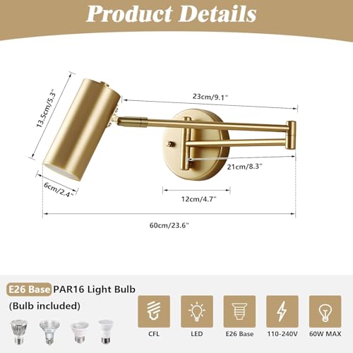 KCO Lighting Swing Arm Wall Sconces Reading Light Brushed Brass Wall Sconce Hardwired Gold Wall Light Fixtures Adjustable Wall Lamps for Bedroom Office Living Room - color: Gold-1