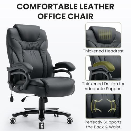 650lbs Big and Tall Office Chair for Heavy People,Ergonomic High Back PU Leather Computer Chair with Adjustable Lumbar Support,Comfy Executive Office Desk Chair with Wide Seat,Silent Wheels,Black