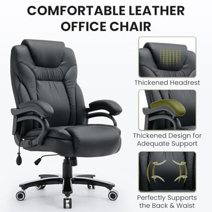 650lbs Big and Tall Office Chair for Heavy People,Ergonomic High Back PU Leather Computer Chair with Adjustable Lumbar Support,Comfy Executive Office Desk Chair with Wide Seat,Silent Wheels,Black