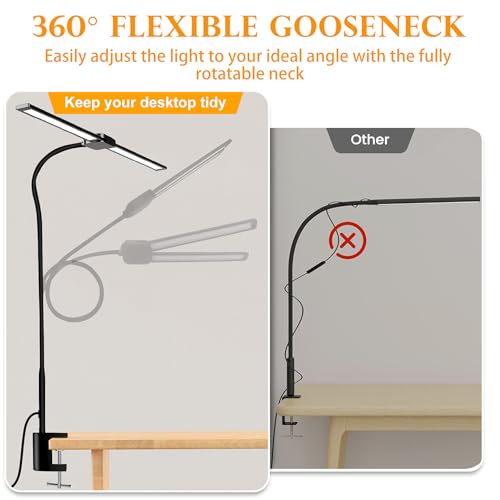 LED Desk Lamp for Home Office, Double Head Computer Monitor Light with Clamp, 5 Color Modes and 3 Brightness Levels, Long Flexible Goose-Neck, USB Eye-Caring Clip on Lights for Reading, Black - style: Double Tubes Lamp