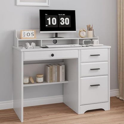 White Desk with Drawers, Small Desk with File Drawer and Monitor Stand - color: White