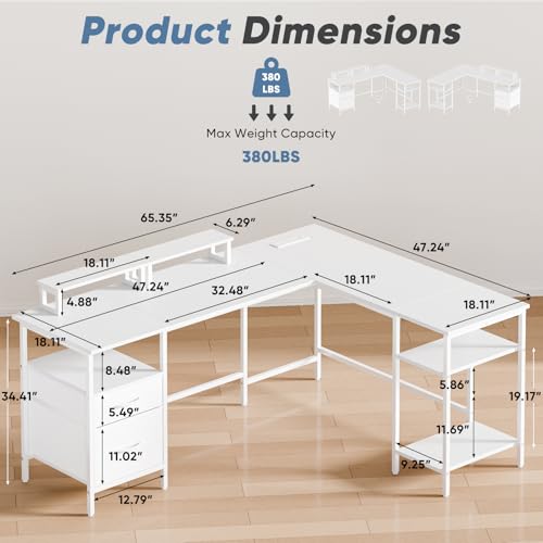 L Shaped Gaming Desk with Power Outlet & 2 Monitor Stands, Computer Desk with Drawer & Adjustable Storage Shelves, Large Corner Desks for Home Office, White