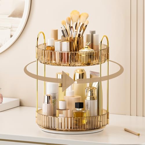 360° Rotating Makeup Organizer, Upgraded 2 Tier Skincare Perfume Organizers for Women, Bathroom Organizer Countertop, Clear Cosmetic Dresser Organizer with Makeup Brush Holder, Sink&Counter(Amber) - color: Gold, size: 2 Tier