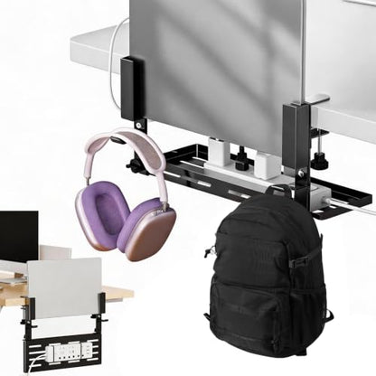 Desk Side Storage Organizer, Clamp-On Laptop Holder & Storage Shelf