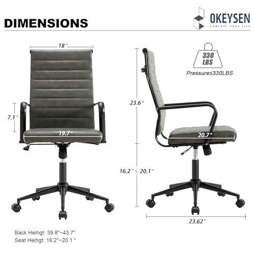 Okeysen Genuine Leather Office Desk Chair, Mid-Century Modern Real Leather Conference Room Chairs, Ergonomic Executive Ribbed Height Adjustable Swivel Rolling Chair for Home Office. - color: Dark Grey