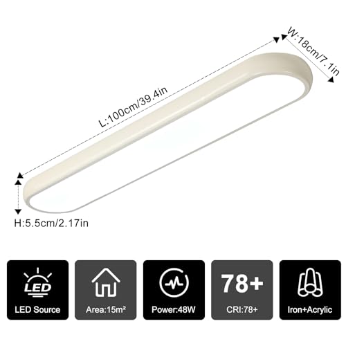 Qcyuui LED Ceiling Light, 39.4 in 48W Dimmable Kitchen Ceiling Light | Linear Flush Mount Light with Remote, 3000K-6500K, Modern Cream Acrylic Fixture for Bedroom, Hallway, Office, Closet - color: Cream/Dimm/48W/39.4IN, size: 39.4in