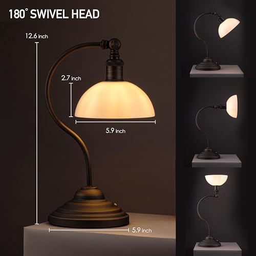 O'Bright Bankers - Cordless LED Table Lamp, Battery-Operated, Rechargeable, 3-Level Dimming, Universal USB-C Charging, 180° Swivel Head, White Jade Glass Shade, Oil Rubbed Bronze - color: Oil Rubbed Bronze-White Glass