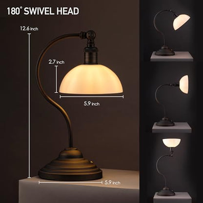 O'Bright Bankers - Cordless LED Table Lamp, Battery-Operated, Rechargeable, 3-Level Dimming, Universal USB-C Charging, 180° Swivel Head, White Jade Glass Shade, Oil Rubbed Bronze - color: Oil Rubbed Bronze-White Glass