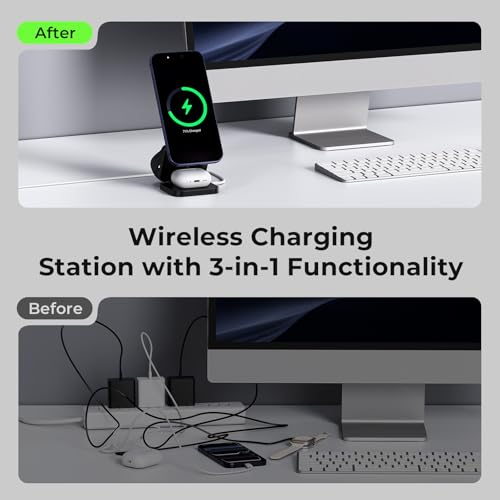 KU XIU X55 Turbo Qi 2.2 25W 3-in-1 Charging Station for Apple Device, Foldable Magnetic Charger for iPhone 17/16, 5W for Apple Watch & AirPods, Fast Travel Wireless Charging Stand with 45W Adapter - color: Black-B