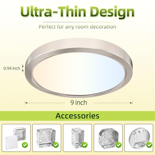 hykolity 9 Inch Selectable CCT LED Round Flat Panel Light,1800LM,2 Pack | 18W 3000K/4000K/5000K, Edge-Lit Flush Mount Ceiling Light Fixture for Kitchen, Bedroom, Laundry and Closet Room,Brush Nickel - color: Brush Nickel, size: 9 inch