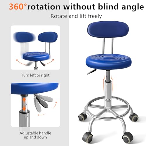 Rolling Stool with Backrest, Adjustable 360° Swivel Task Stool - color: Blue
