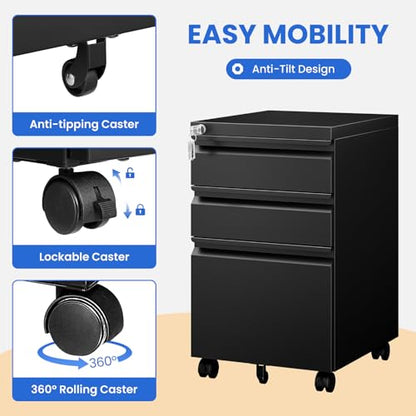 MIIIKO File Cabinet 3 Drawers on Wheels Under Desk, Black Metal Rolling File Cabinets with Lock for Home Office, Un-Assembled Filing Cabinet with Lock - color: Black, size: 3 Drawer-14.57"W -Mobile-a