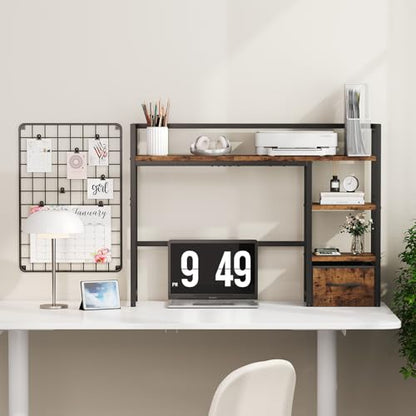 Marbrasse Desk Shelf with Drawer, 40" Desk Hutch for Computer Monitor, Wooden Desktop Bookshelf Storage Rack for Home Office Dorm - Dark Brown