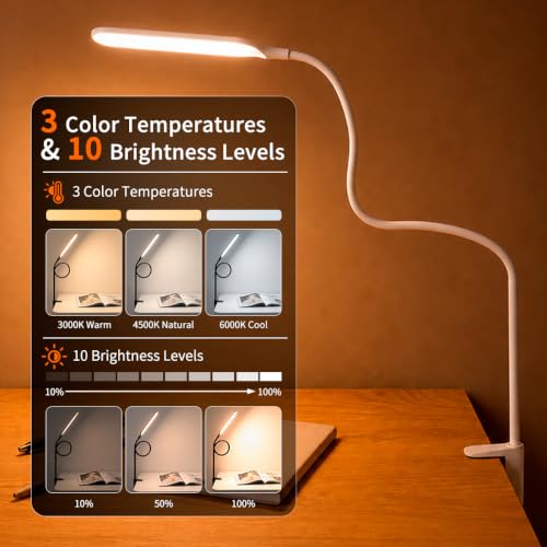 Long Gooseneck LED Clamp Desk Lamp, Eye-Caring Reading Light | Dimmable Clip on Lamp, 800LM, 3 Colors and 10 Modes, for Office Home Task