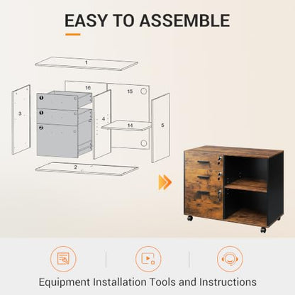 DEVAISE 3-Drawer File Cabinet with Lock, Wood Filing Cabinet, Rustic Brown - color: Rustic Brown